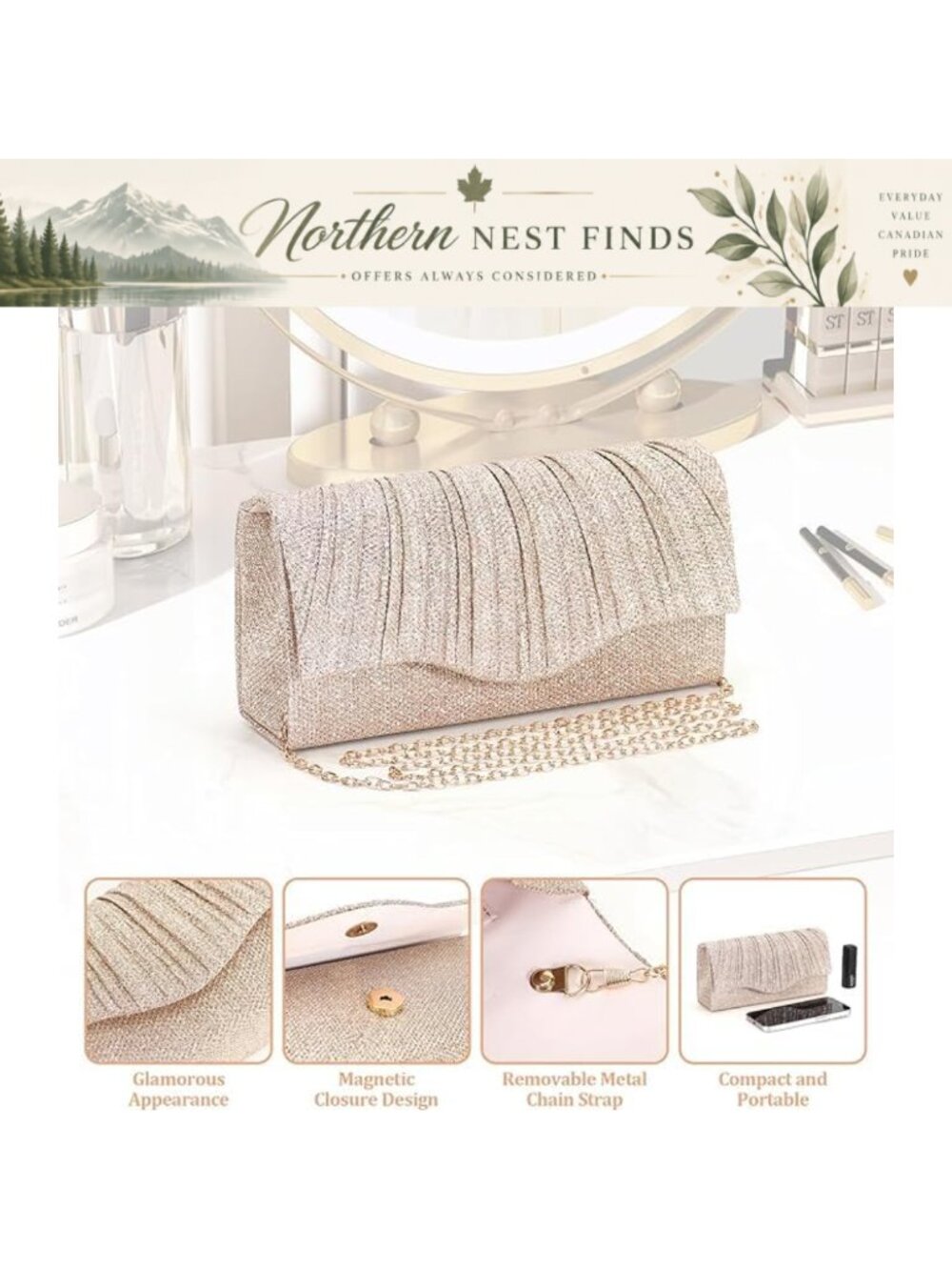 Glitter Clutch Purse with Removable Chain Evening Bag Formal Envelope Handbag - Picture 4 of 6